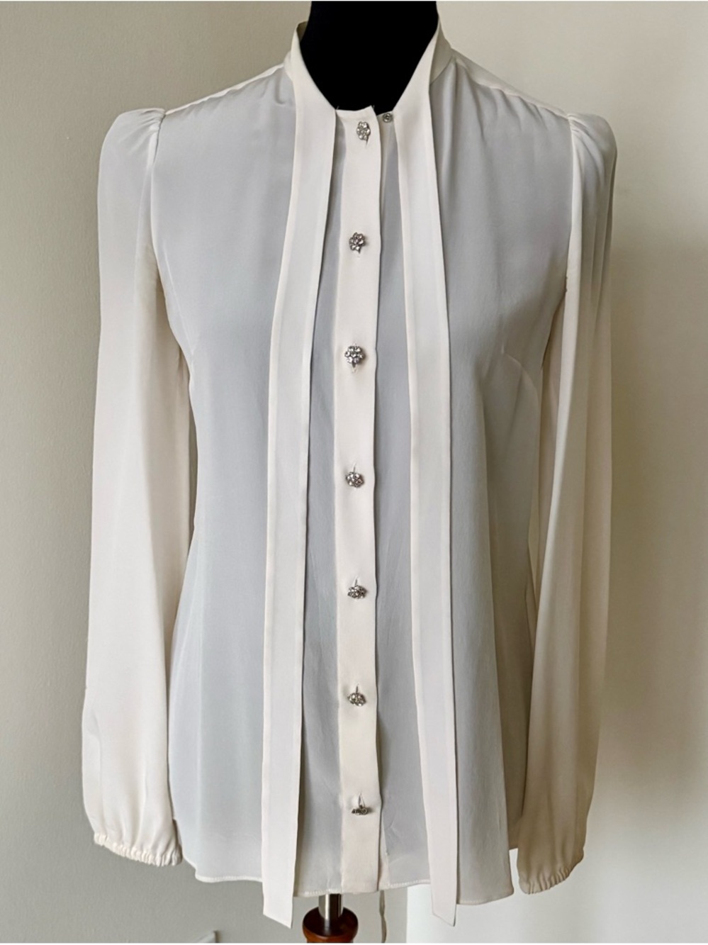 DOLCE & GABBANA 100% Ivory Silk Tie Blouse Swarovski Crystal Buttons - IT 38